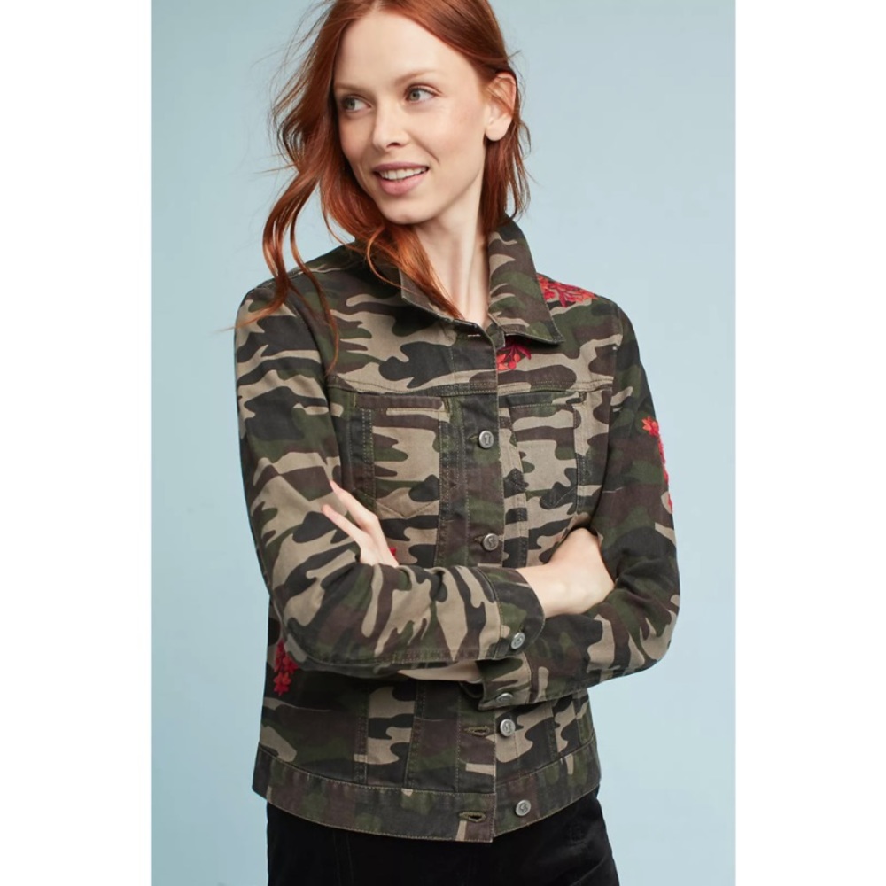 Anthropologie Pilcro & The Letterpress Camo Floral Embroidered Jean Jacket Sz S